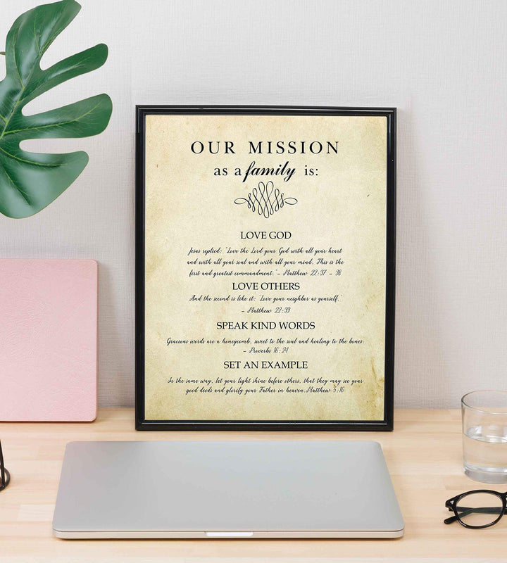 Our Mission-Bible Verse Wall Art Sign-8 x 10" Scripture Poster Print w/Replica Distressed Parchment Design-Ready to Frame. Christian Wall Decor for Home-Office-Church. Perfect Religious Keepsake!