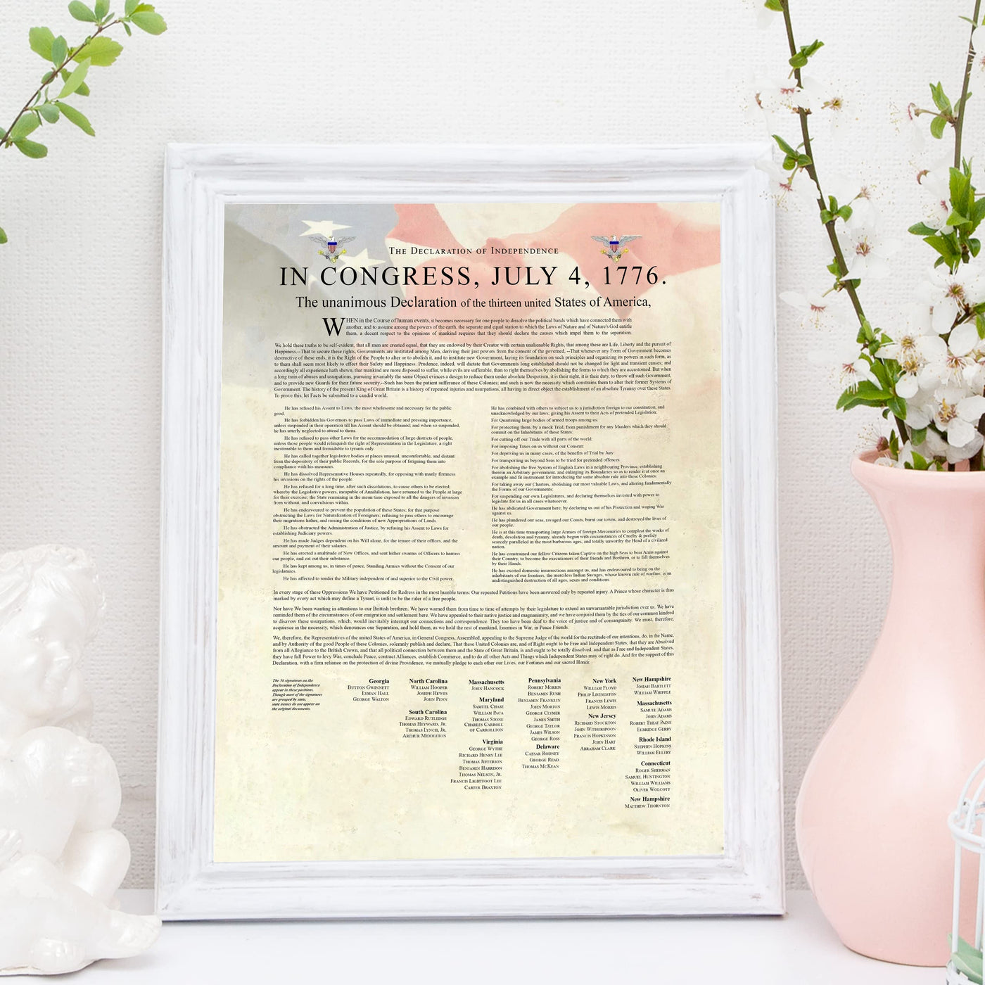 Declaration of Independence-United States of America Patriotic Poster Print -11x14" Wall Decor-Ready To Frame. Ivory Parchment Replica w/American Flag. Home-Office-School Decor. Display Patriotism!