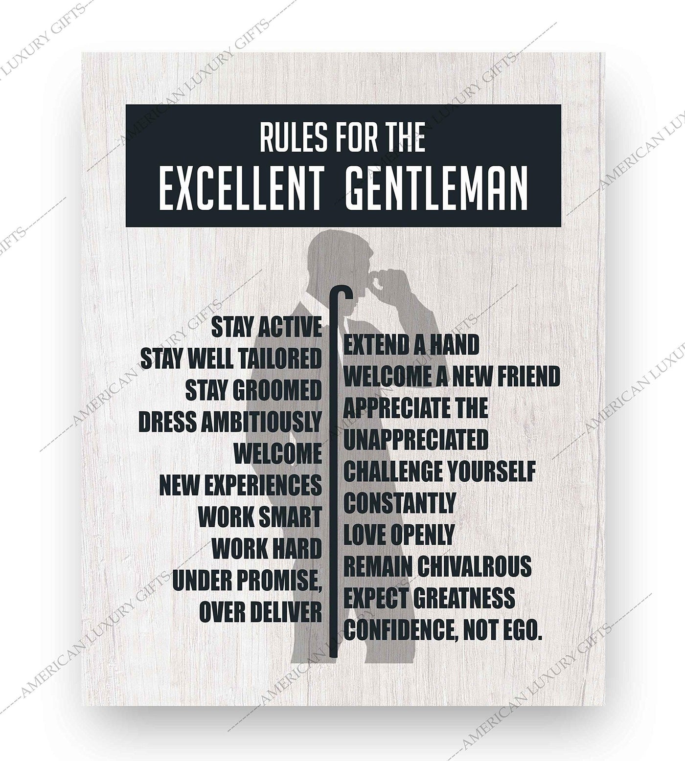 Rules for the Excellent Gentleman Inspirational Gentlemen Quotes Wall Art -8 x 10" Modern Poster Print w/Man Silhouette-Ready to Frame. Home-Office-Man Cave-Shop Decor. Great Tips for All Men!
