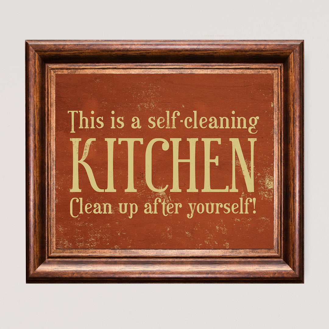 This Is a Self-Cleaning Kitchen Funny Rustic Wall Sign -10x8" Country Farmhouse Art Print w/Replica Wood Design-Ready to Frame. Humorous Home-Kitchen-Office Decor. Fun Gift! Printed on Photo Paper.
