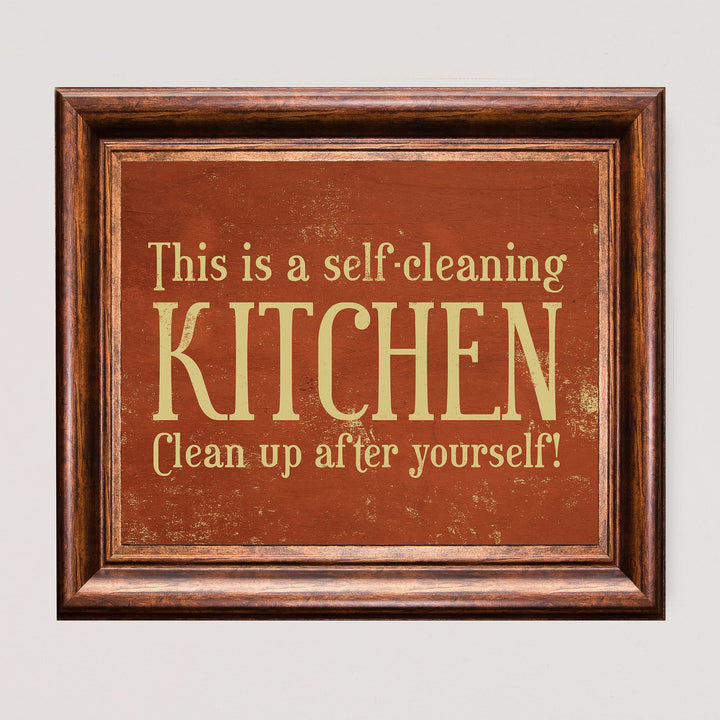 This Is a Self-Cleaning Kitchen Funny Rustic Wall Sign -10x8" Country Farmhouse Art Print w/Replica Wood Design-Ready to Frame. Humorous Home-Kitchen-Office Decor. Fun Gift! Printed on Photo Paper.