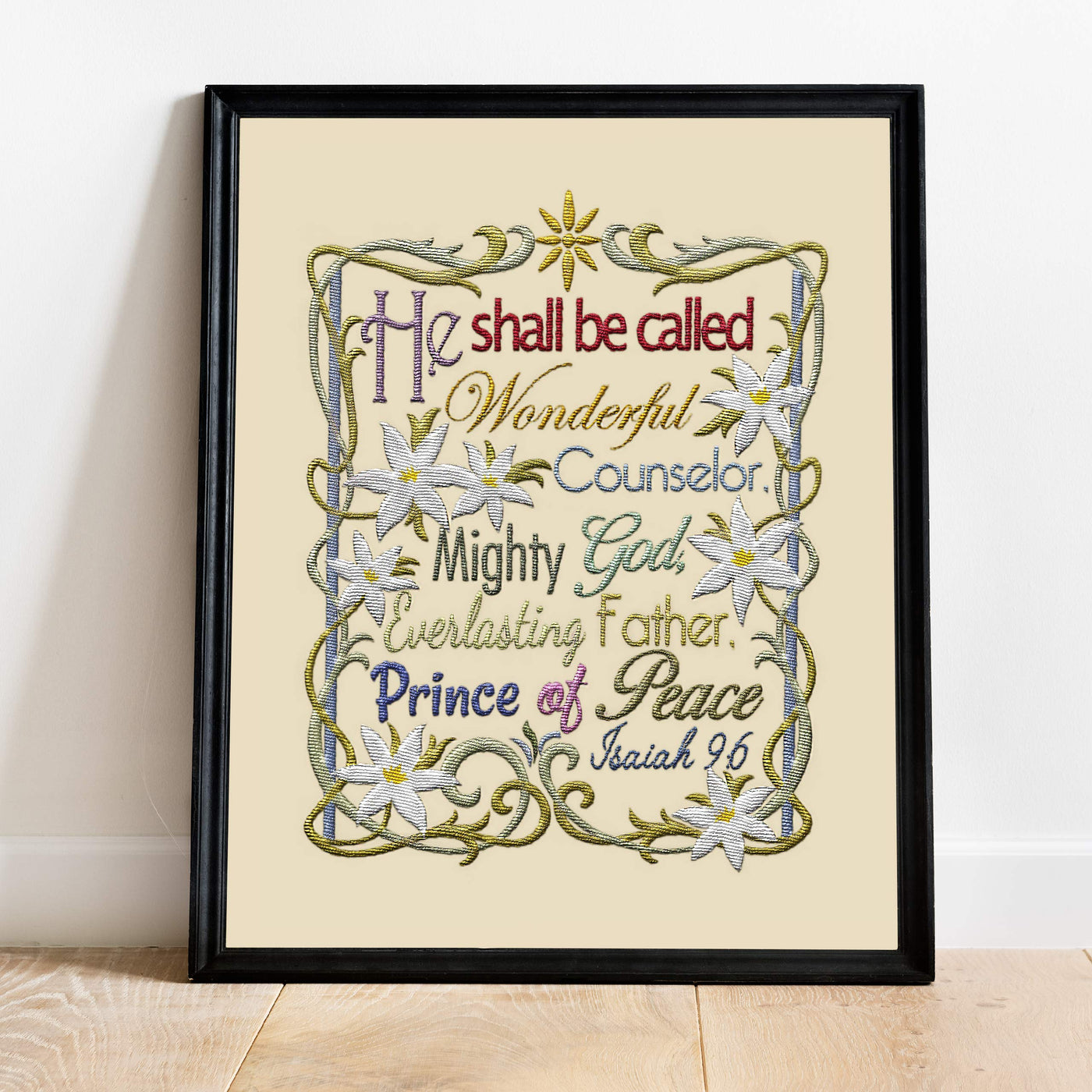 Isaiah 9:6-"He Shall Be Called Wonderful Counselor" Bible Verse Wall Art -11 x 14" Scripture Wall Print w/Replica Embroidery Design- Ready to Frame. Christian Home-Office-Sunday School-Church Decor.