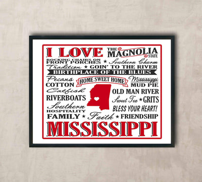 I Love Mississippi Because- Word Art Wall Sign- 10 x 8" -Vintage Typographic Poster Print-Ready to Frame. Perfect Decor for Home-Office-Studio-Bar-Cafe-Dorm. Great Display of State Pride!