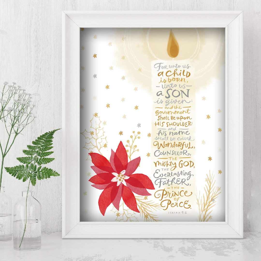 ?For Unto Us a Child Is Born-The Prince of Peace? -Isaiah 9:6 -Bible Verse Wall Art-8 x 10" -Typographic Candle Design w/Poinsettia-Ready to Frame. Scripture Print Ideal for Home-Office-Church D?cor.