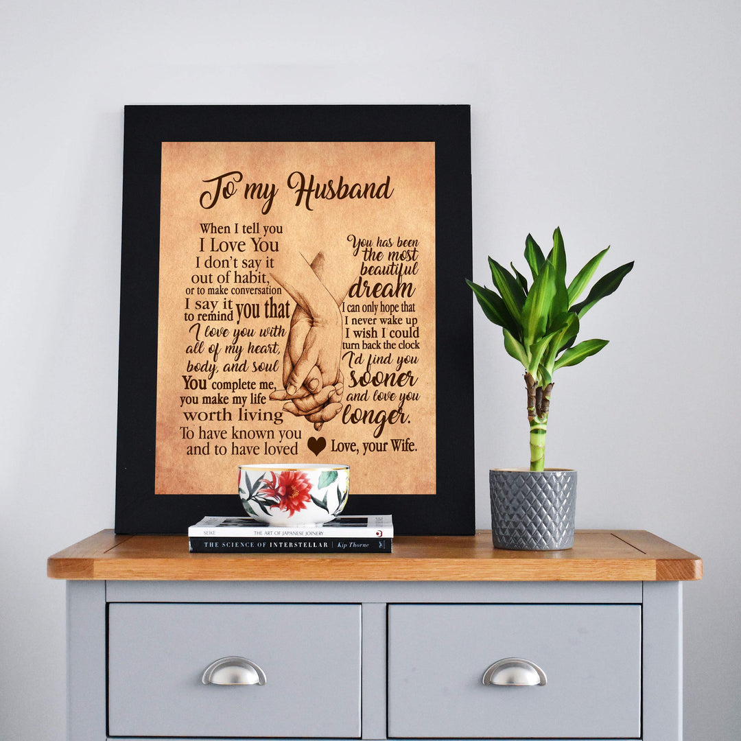 To My Husband-Love &amp; Marriage Wall Art Decor -8 x 10" Distressed Parchment Print with Holding Hands Image-Ready to Frame. Loving Keepsake for Spouses, Newlyweds. Perfect Wedding-Anniversary Gift!