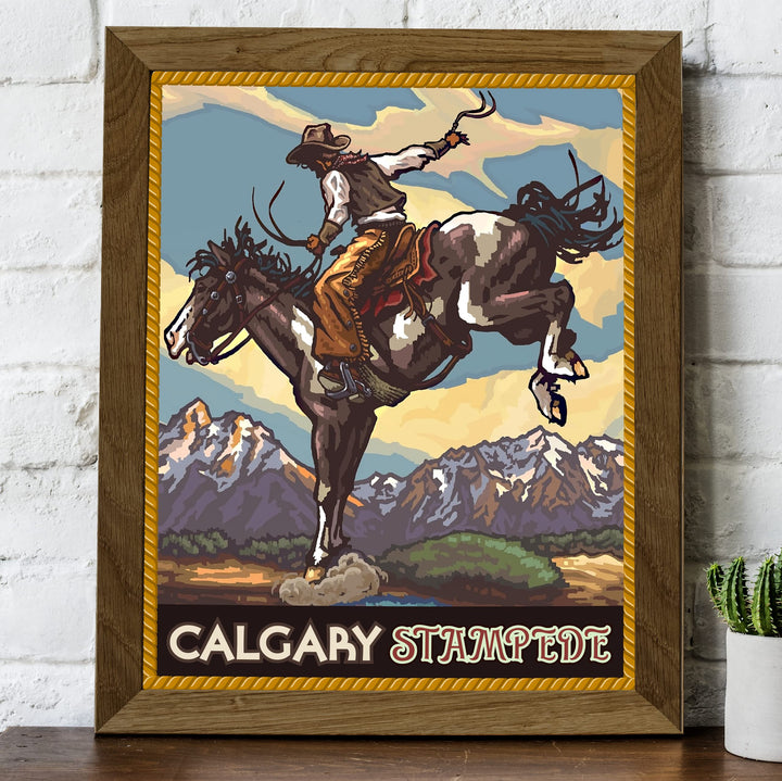 "Calgary Stampede" Cowboy Riding Horse Wall Art Sign -8 x 10" Country Rustic Rodeo Poster Print -Ready to Frame. Home-Office-Farmhouse Decor. Perfect Gift for All Cowboys &amp; Cowgirls!