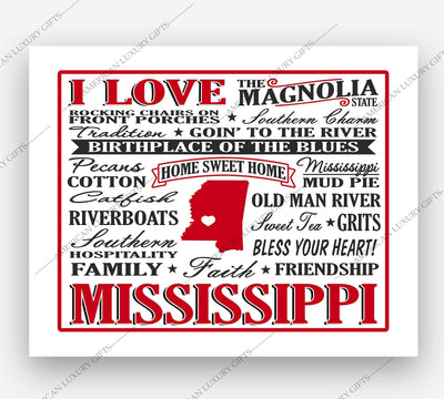 I Love Mississippi Because- Word Art Wall Sign- 10 x 8" -Vintage Typographic Poster Print-Ready to Frame. Perfect Decor for Home-Office-Studio-Bar-Cafe-Dorm. Great Display of State Pride!