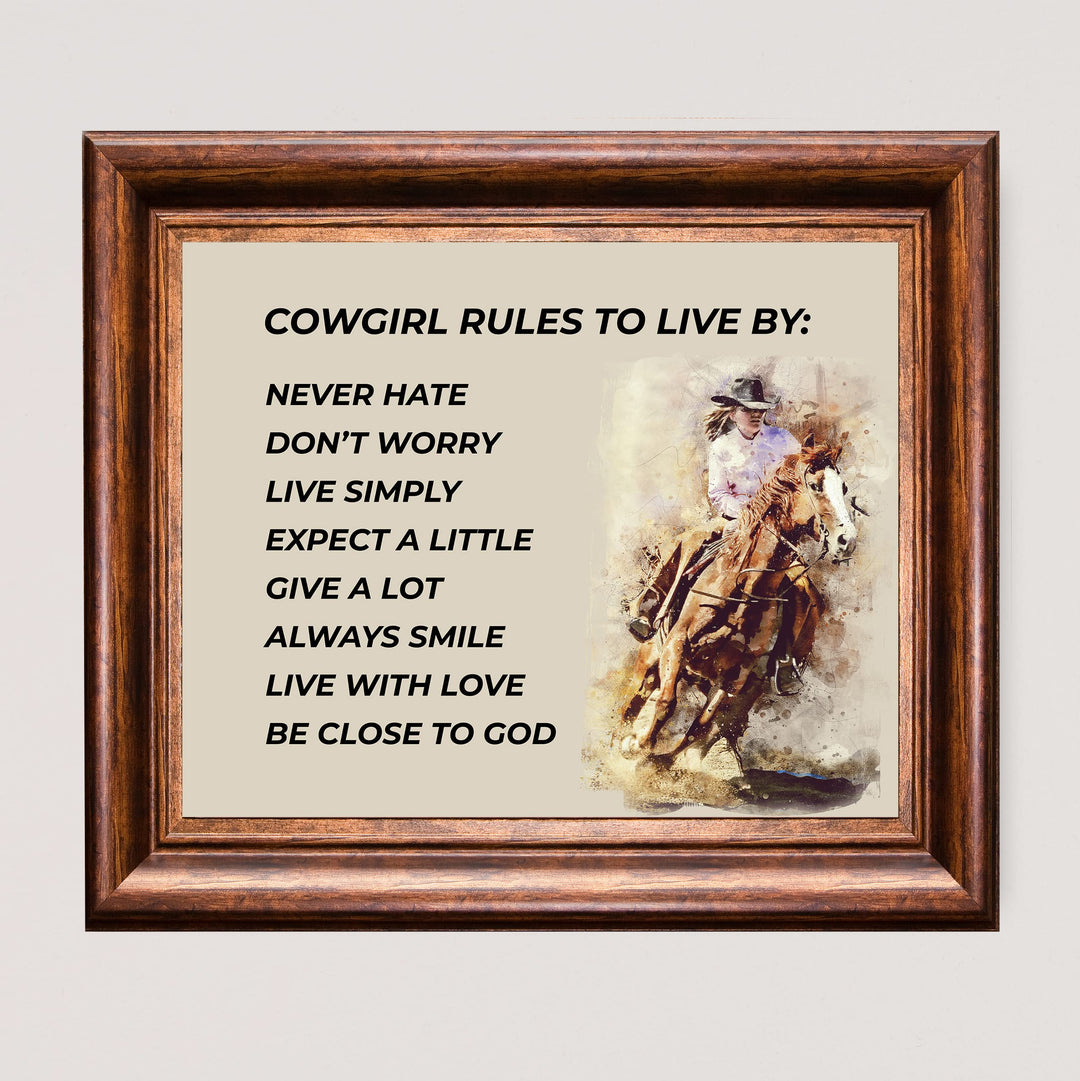 Cowgirl Rules-Never Hate-Live Simply- Western Wall Art Sign- 10 x 8"- Woman Riding Horse Photo Print -Ready to Frame. Country Rustic Decor for Home-Lodge-Camp-Cabin. Great Gift for All Cowgirls!