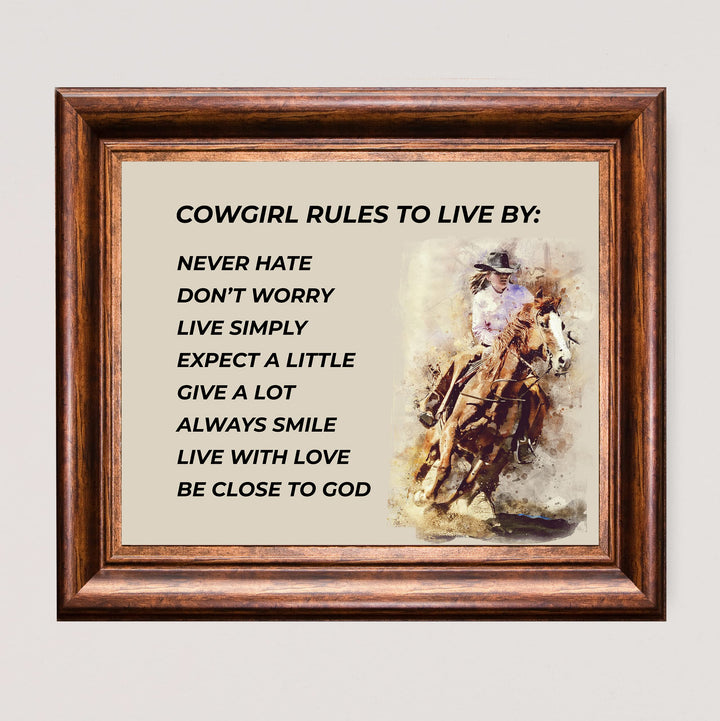 Cowgirl Rules-Never Hate-Live Simply- Western Wall Art Sign- 10 x 8"- Woman Riding Horse Photo Print -Ready to Frame. Country Rustic Decor for Home-Lodge-Camp-Cabin. Great Gift for All Cowgirls!