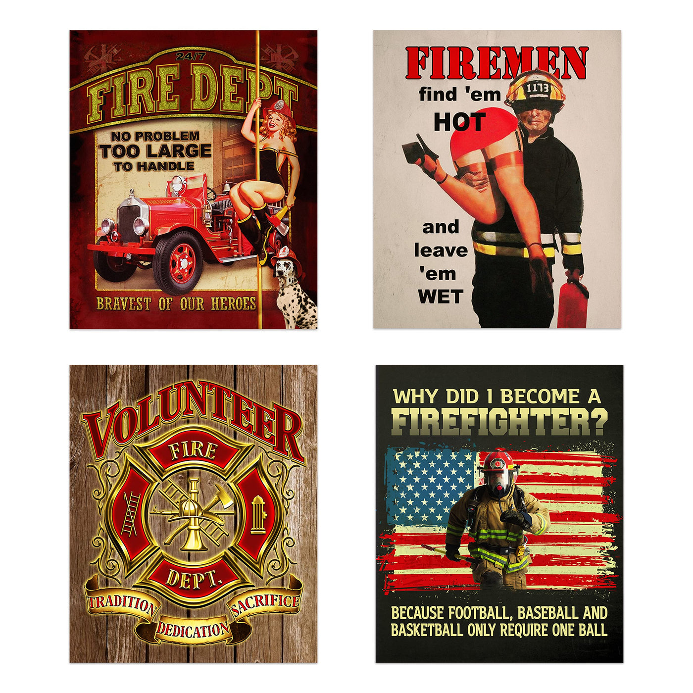 Fire Department Vintage Signs- 4 Image Set- 8 x10"s Wall Decor Prints- Ready To Frame. Great Gift for All Firemen- Home Decor- Office Decor. Perfect for Man Cave- Bar- Garage-Fire Stations!
