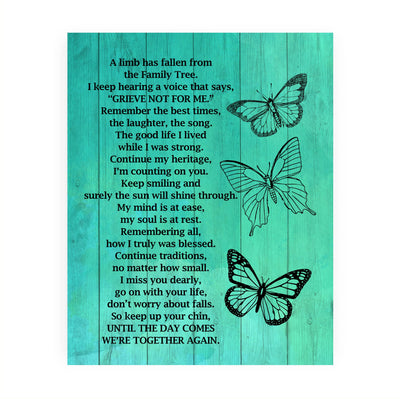 "A Limb Has Fallen From the Family Tree" Inspirational Memorial Wall Art -8 x10" Loving Sympathy Butterfly Print -Ready to Frame. Home-Office-Spiritual-Christian Decor. Gift of Remembrance!