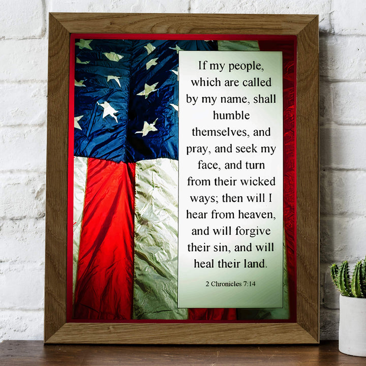 ?If My People Shall Humble Themselves &amp; Pray"-2 Chronicles 7:14-Bible Verse Wall Art -8 x 10" American Flag Scripture Print-Ready to Frame. Inspirational Home-Office-Church-Christian-Patriotic Decor!