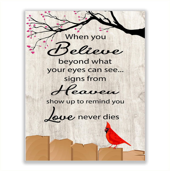 Signs From Heaven Remind You-Love Never Dies-Inspirational Christian Wall Art-8 x 10" Memorial Poster Print w/Red Cardinal Image-Ready to Frame. Perfect Home-Spiritual Decor. Great Gift of Faith!