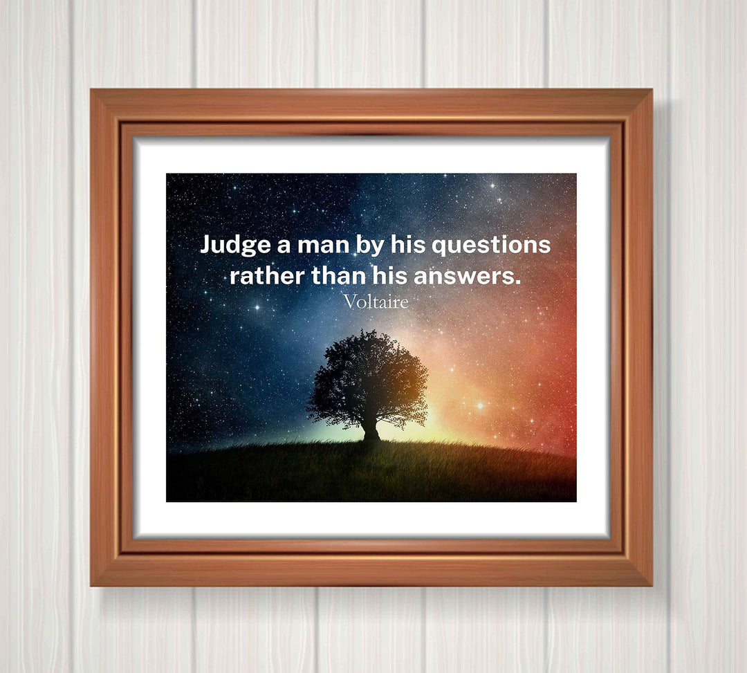 Voltaire Quotes Wall Art-"Judge A Man By His Questions"-10x8" Starry Night Typographic Print-Ready to Frame. Inspirational Home-Office-Classroom-Library Decor. Great Gift of Philosophy &amp; Inspiration!
