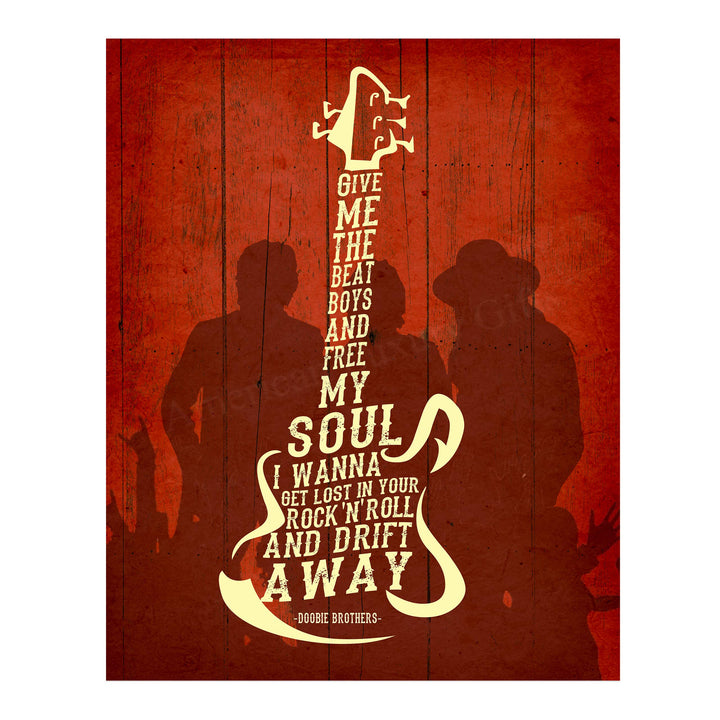 Give Me the Beat Boys &amp; Free My Soul-Song Lyrics Wall Art -11 x 14" Rock Music Print w/Guitar Word Art-Ready to Frame. Retro Home-Office-Studio-Bar-Cave Decor. Perfect for Doobie Brothers Fans!