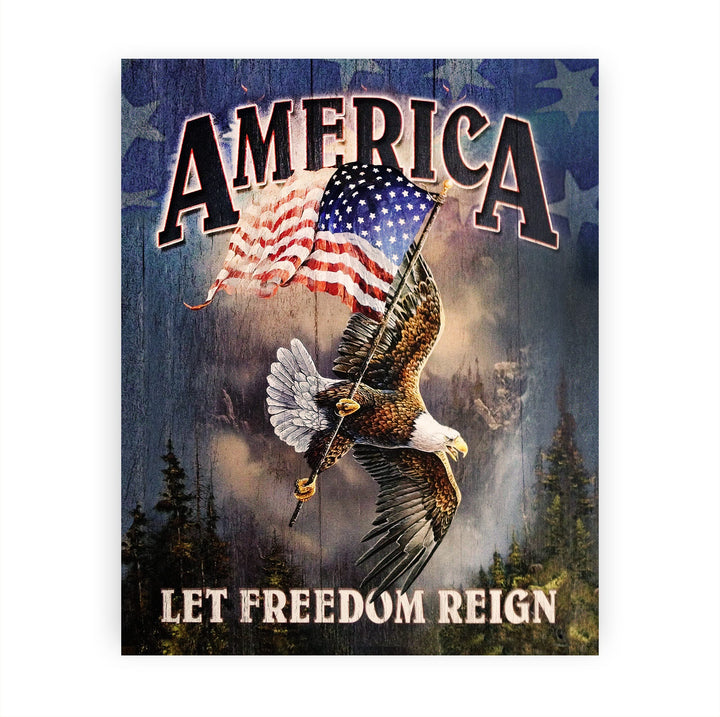 America-Let Freedom Reign-Rustic American Flag Wall Art -8 x 10" Patriotic USA Eagle Print -Ready to Frame. Home-Office-School-Bar-Cave Decor! Great Gift for Military-Veterans &amp; All Patriots!