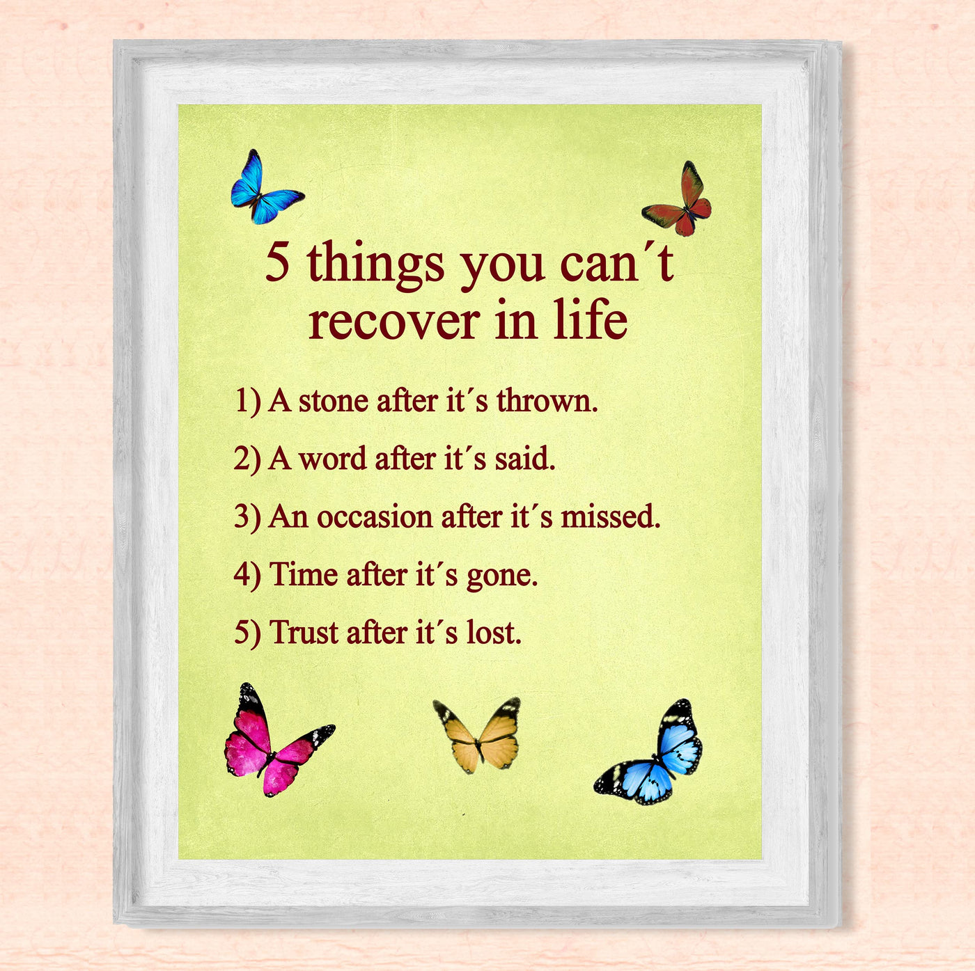 5 Things You Can't Recover In Life Inspirational Quotes Wall Sign-8 x 10" Motivational Butterfly Print-Ready to Frame. Modern Typographic Design. Positive Home-Office-School Decor. Great Reminders!