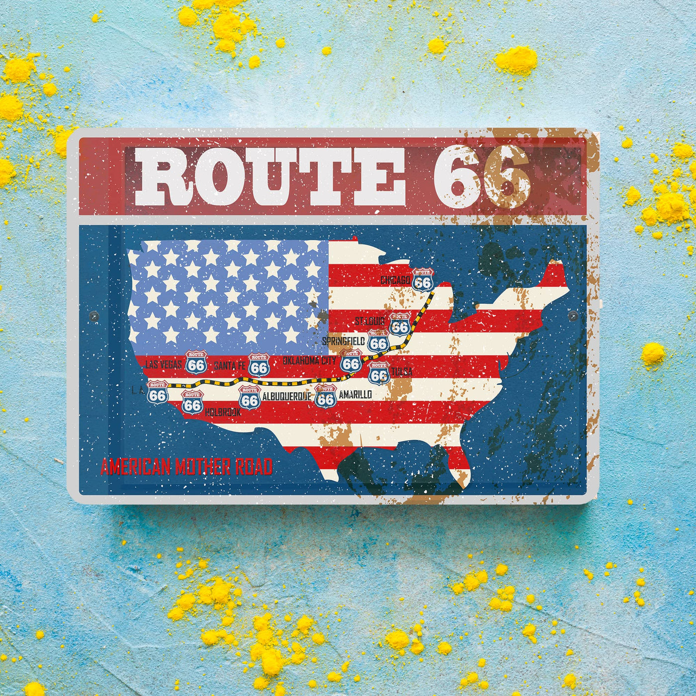 Route 66 Metal Wall Art Vintage Road Sign -12 x 8" Rustic American Flag USA Sign for Garage, Shop, Bar, Man Cave - Retro Tin Sign -Great for Home, Office Decor, Outdoor Accessories & Travel Gifts!