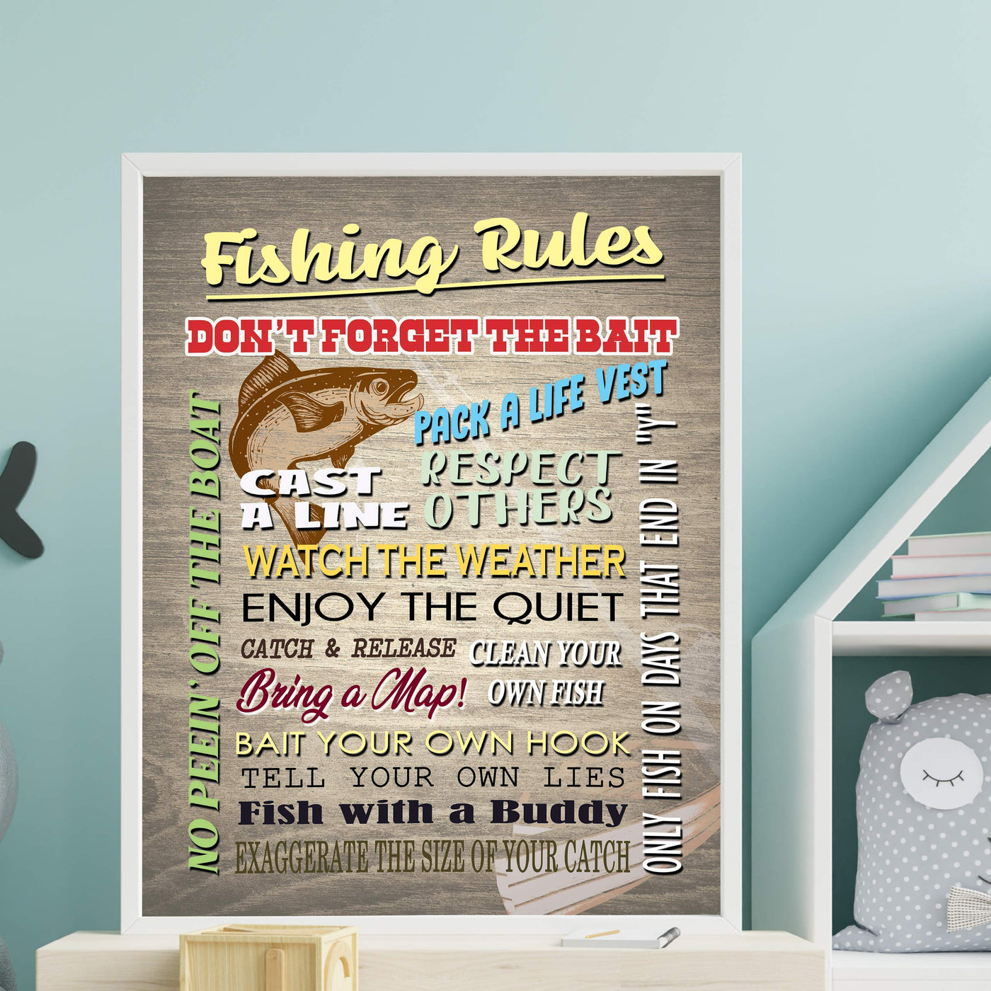 Fishing Rules-Don't Forget the Bait Rustic Fishing Wall Art Sign-11 x 14" Distressed Wood Replica Print-Ready to Frame. Perfect Wall Decor for Home-Office-Cabin-Lodge-Lake. Great Father's Day Gift!