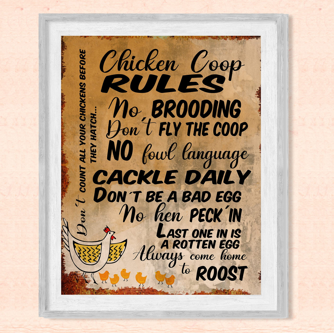 Chicken Coop Rules-Cackle Daily-Funny Farmhouse Wall Sign -8 x 10" Rustic Chicken Art Print-Ready to Frame. Retro Country Decor for Home-Kitchen-Farm-Patio. Great Gift! Printed on Photo Paper.