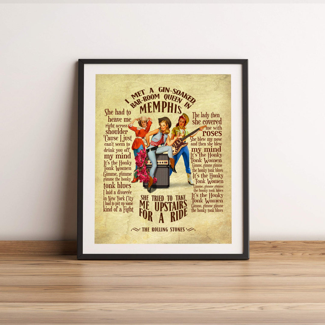 Rolling Stones-"Honky Tonk Women"-Song Lyric Wall Art Sign -11 x 14" Distressed Typographic Music Print-Ready to Frame. Home-Studio-Bar-Man Cave Decor. Perfect for Stones &amp; All Rock Music Fans!