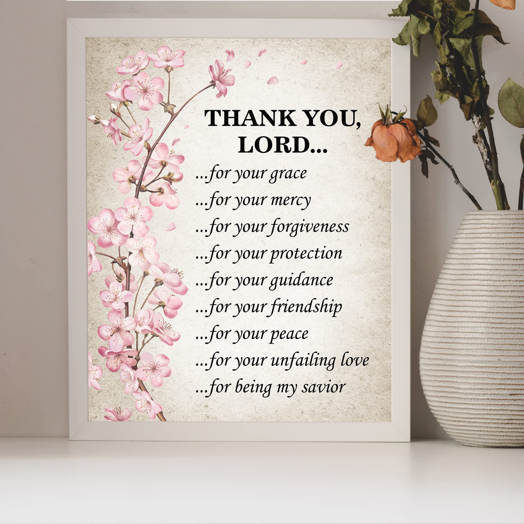 Thank You Lord for Your Grace &amp; Mercy Inspirational Christian Prayer Wall Art Decor -8 x10" Religious Floral Photo Print -Ready to Frame. Motivational Home-Office-Church Decor. Great Gift of Faith!