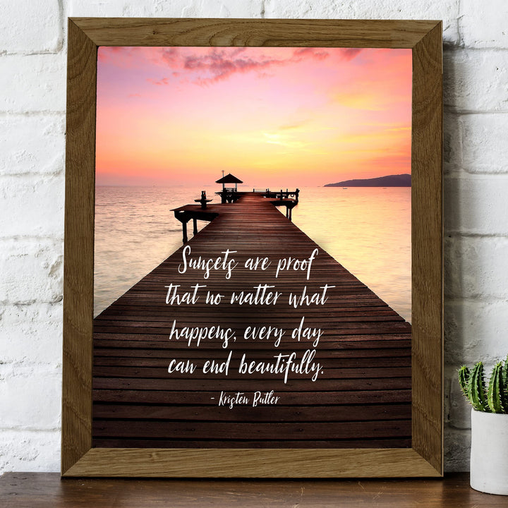 Sunsets Are Proof Every Day Can End Beautifully Inspirational Quotes Wall Art -8 x 10" Ocean Dock Sunset Print-Ready to Frame. Home-Office-Studio Decor. Perfect Guest-Beach House Decoration!