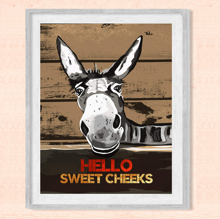 Hello Sweet Cheeks-Funny Bathroom Wall Sign -8 x 10" Country Rustic Donkey Art Print w/Replica Wood Design-Ready to Frame. Humorous Decor for Home-Office-Guest Bathroom! Printed on Photo Paper.