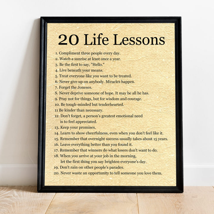 20 Life Lessons- Inspirational Quotes Wall Art Sign - 11 x 14" Modern Decor Typography Print -Ready to Frame. Motivational Home-Office-Bedroom-Wedding Table Decor. Great Life Lessons!