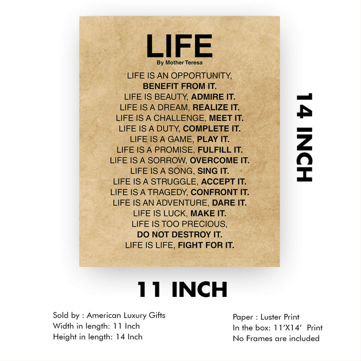 Mother Teresa Quotes-"Life Is."-Inspirational Wall Art -11x14" Distressed Parchment Print-Ready to Frame. Christian Decor for Home-Studio-Office-School Decor. Perfect Life Lessons for All!