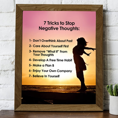 7 Tricks to Stop Negative Thoughts Motivational Quotes Wall Art -8x10" Beach Sunset Picture Print -Ready to Frame. Inspirational Home-Office-School-Teens Decor. Positive Gift for Motivation!