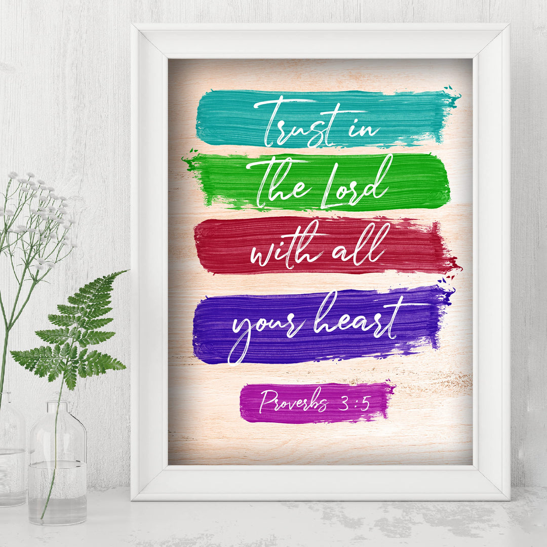 Trust In the Lord With All Your Heart- Bible Verse Wall Art -8 x 10" Scripture Painting Design Print -Ready to Frame. Inspirational Home-Office-Church Decor. Great Religious Gift! Proverbs 3:5