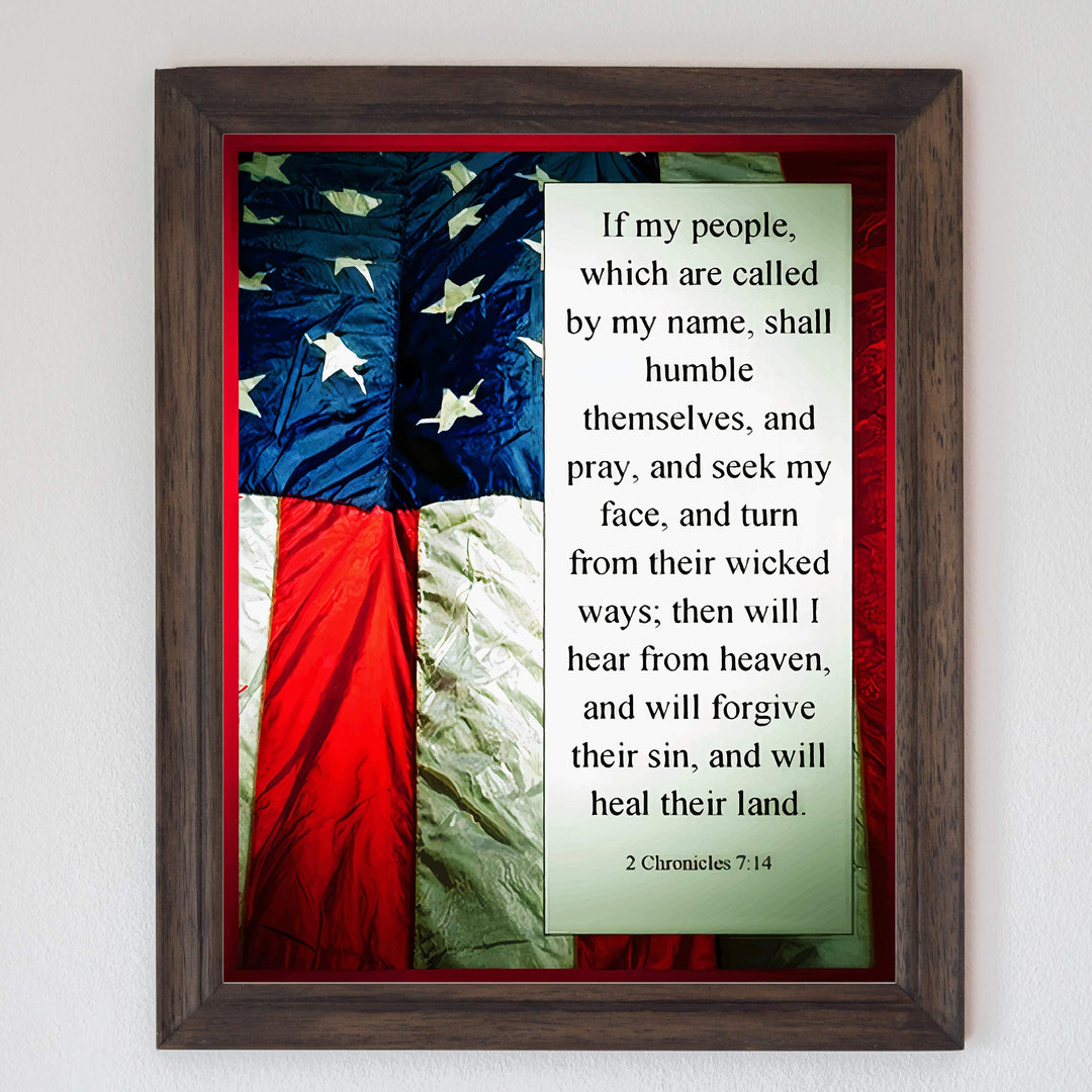 ?If My People Shall Humble Themselves &amp; Pray"-2 Chronicles 7:14-Bible Verse Wall Art -8 x 10" American Flag Scripture Print-Ready to Frame. Inspirational Home-Office-Church-Christian-Patriotic Decor!