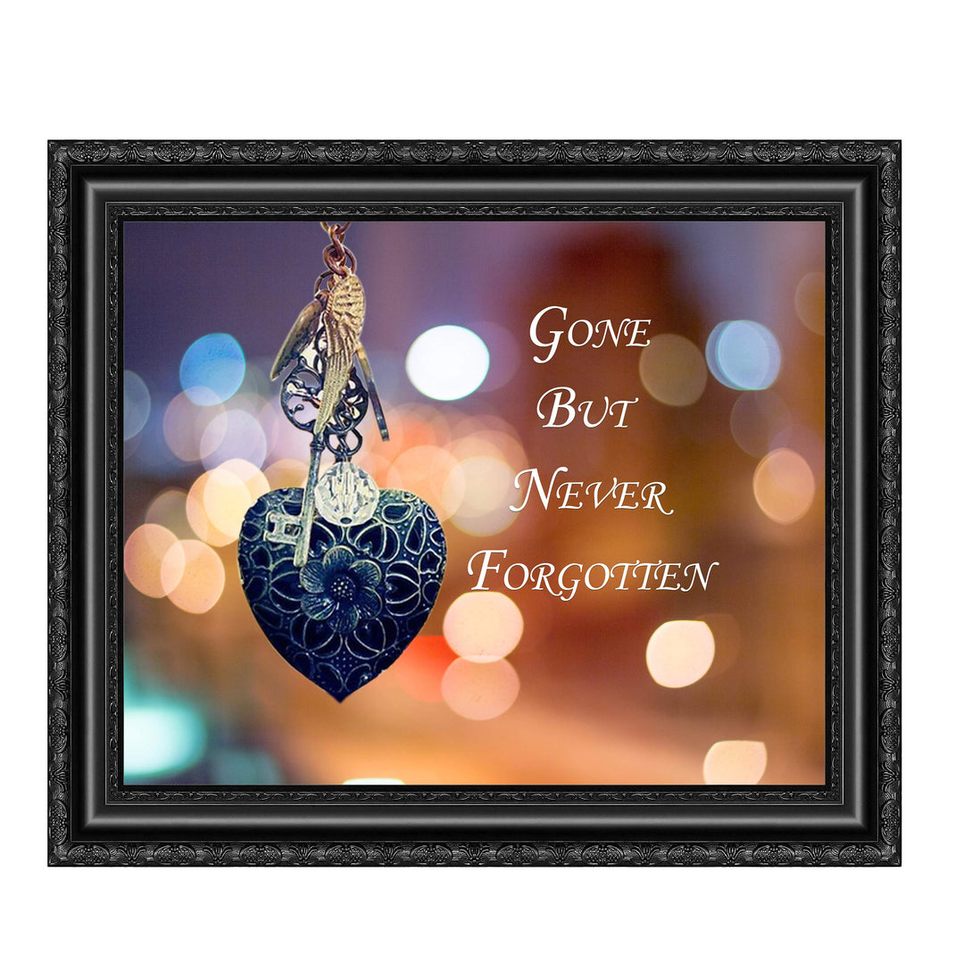 Gone But Never Forgotten-Inspirational Wall Art Decor -10 x 8" Memorial Poster Print w/Heart, Key, and Angel Wing Images-Ready to Frame. Loving, Sentimental Keepsake for Family and Friends.