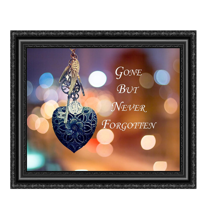 Gone But Never Forgotten-Inspirational Wall Art Decor -10 x 8" Memorial Poster Print w/Heart, Key, and Angel Wing Images-Ready to Frame. Loving, Sentimental Keepsake for Family and Friends.