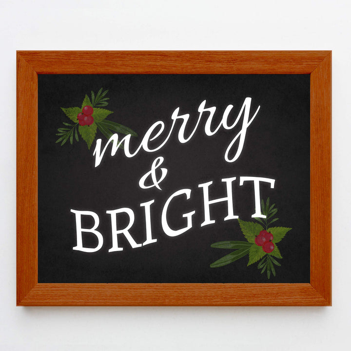 Merry &amp; Bright Christmas Decor Wall Art -10 x 8" Modern Holiday Art Print-Ready to Frame. Festive Home-Kitchen-Farmhouse Decor. Perfect Welcome Sign and Winter Decoration! Great Christian Gift!