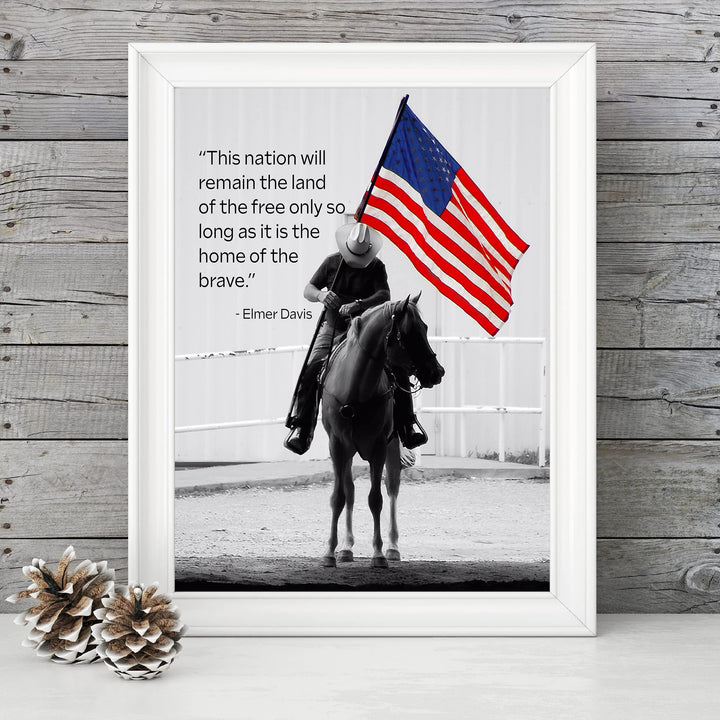 This Nation Will Remain Land of the Free- American Flag Wall Art -8x10" Patriotic Cowboy Riding Horse Picture Print -Ready to Frame. Home-Office-Bar-Cave-Western Decor! Great Gift for USA Pride!