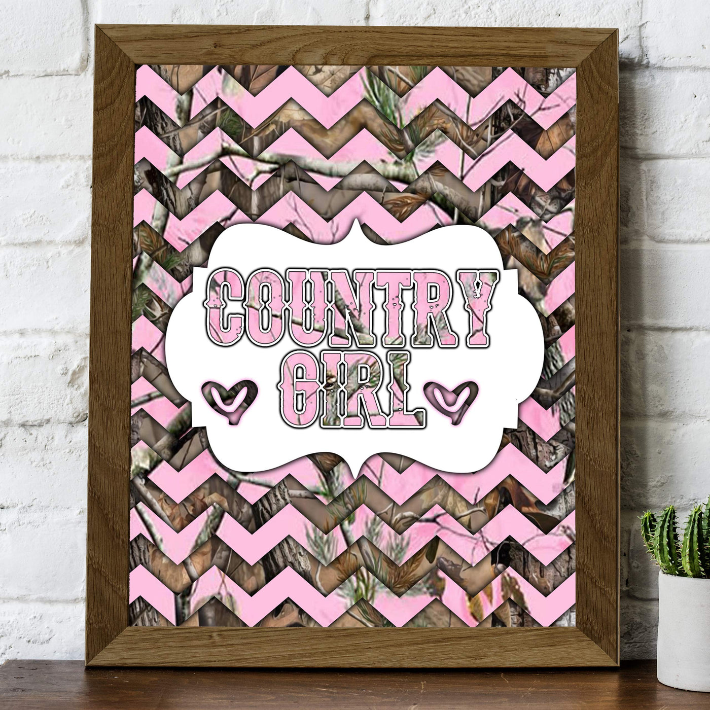 Country Girl -Rustic Inspirational Wall Art Sign -8 x 10" Western Chevron Pink Camo Print -Ready to Frame. Chic Decoration for Home-Office-Farmhouse-Dorm Decor. Cute Gift for All Southern Girls!