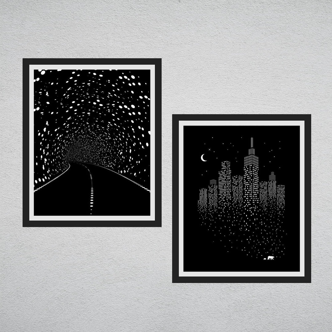 Illusive Road to Minimal City- Optical Illusion Prints Set (2) 8 x 10"- Abstract Wall Art-Ready to Frame. Modern Home-Studio-Office-Dorm D?cor. Very Cool Gift for Illusion Art Fans.