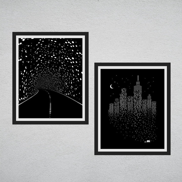 Illusive Road to Minimal City- Optical Illusion Prints Set (2) 8 x 10"- Abstract Wall Art-Ready to Frame. Modern Home-Studio-Office-Dorm D?cor. Very Cool Gift for Illusion Art Fans.