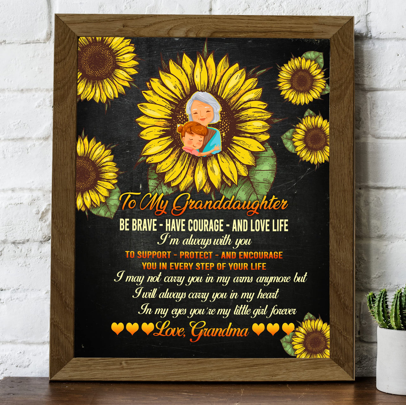 To My Granddaughter - Be Brave, Love Life Inspirational Family Wall Sign -8 x 10" Floral Sunflower Art Print -Ready to Frame. Country Rustic Home-Bedroom Decor. Keepsake Gift for Teens & Girls!