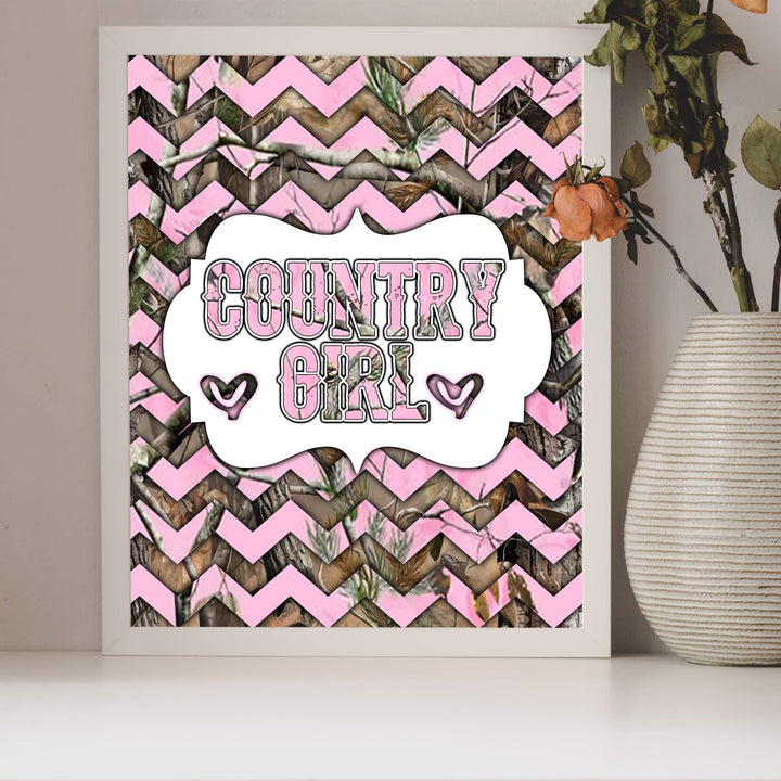 Country Girl -Rustic Inspirational Wall Art Sign -8 x 10" Western Chevron Pink Camo Print -Ready to Frame. Chic Decoration for Home-Office-Farmhouse-Dorm Decor. Cute Gift for All Southern Girls!