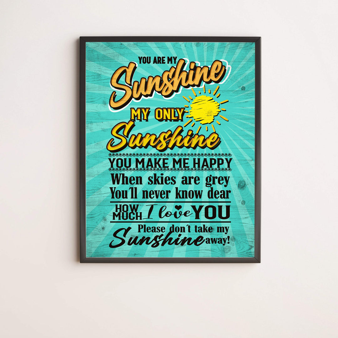 You Are My Sunshine Fun Beach Themed Song Art -11 x 14" Rustic Sun Print w/Distressed Wood Design -Ready to Frame. Perfect Home-Nursery-Beach House-Ocean Theme Decor! Printed on Photo Paper.