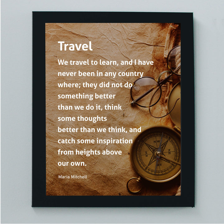 ?We Travel to Learn &amp; Catch Inspiration?-Motivational Wall Art-8x10" Typographic Distressed Parchment Print w/Compass Image-Ready to Frame. Inspirational Home-Office-Classroom-Cave-Library Decor!
