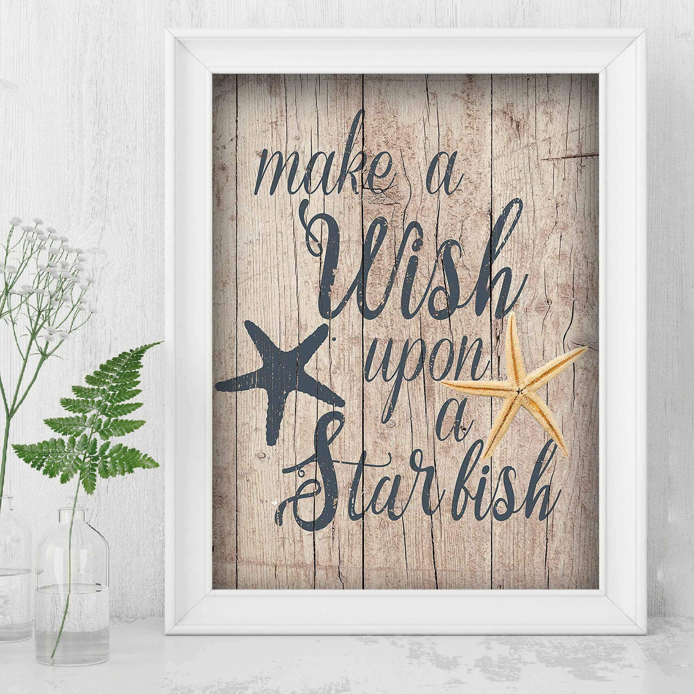 Make A Wish Upon A Starfish Inspirational Beach-Ocean Themed Sign -8 x 10" Wall Print w/Starfish Images-Ready to Frame. Replica Distressed Wood Design. Perfect Home-Beach House-Nautical Decor!