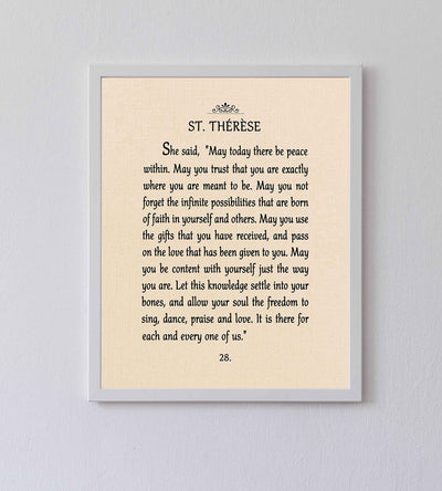 May There Be Peace Within-St. Therese Book Page Print-8 x 10" Poetic Wall Art w/Replica Linen Texture Design-Ready To Frame. Inspirational Home-Office-Church-School Decor. Great Catholic Gift!