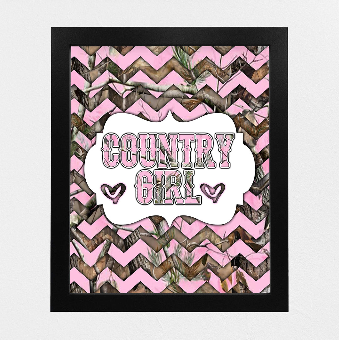 Country Girl -Rustic Inspirational Wall Art Sign -8 x 10" Western Chevron Pink Camo Print -Ready to Frame. Chic Decoration for Home-Office-Farmhouse-Dorm Decor. Cute Gift for All Southern Girls!