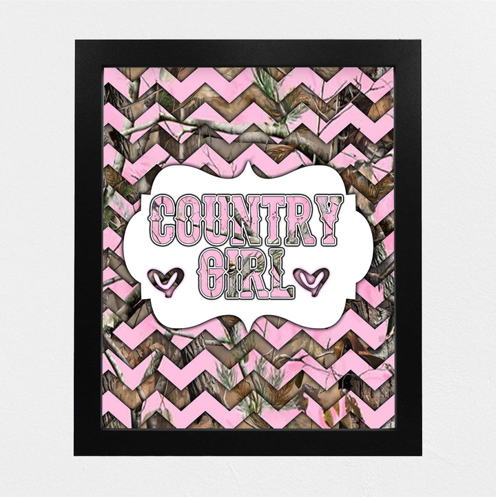 Country Girl -Rustic Inspirational Wall Art Sign -8 x 10" Western Chevron Pink Camo Print -Ready to Frame. Chic Decoration for Home-Office-Farmhouse-Dorm Decor. Cute Gift for All Southern Girls!