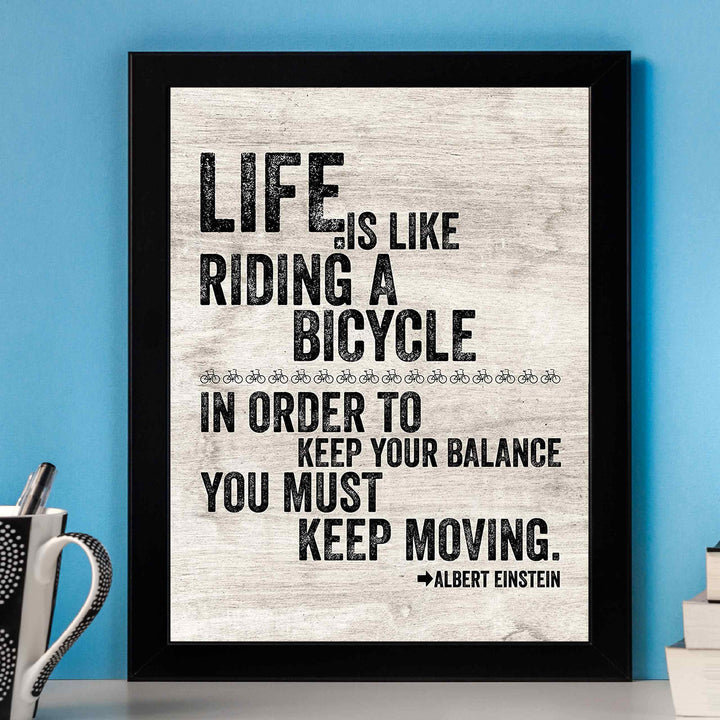 Albert Einstein-"Life Is Like Riding A Bicycle" Motivational Quotes Wall Art -8 x 10" Distressed Typographic Print-Ready to Frame. Inspirational Home-Office-Dorm Decor. Positive Classroom Decoration!