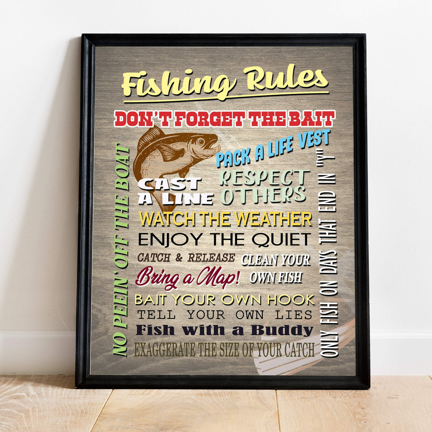 Fishing Rules-Don't Forget the Bait Rustic Fishing Wall Art Sign-11 x 14" Distressed Wood Replica Print-Ready to Frame. Perfect Wall Decor for Home-Office-Cabin-Lodge-Lake. Great Father's Day Gift!